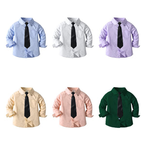 Kids' korean style spring new arrival boys' shirt - preppy style lightweight cotton white long sleeve shirt with tie