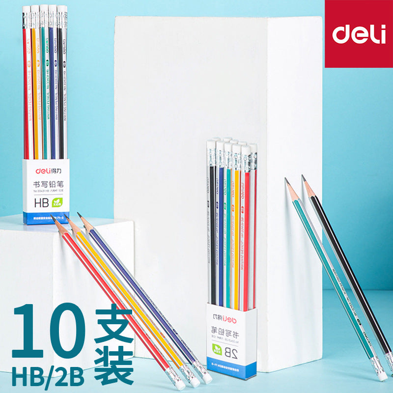 Deli 33431 hexagonal pole primary school students writing pencil HB/2B pencil test card pencil with eraser 10 pcs