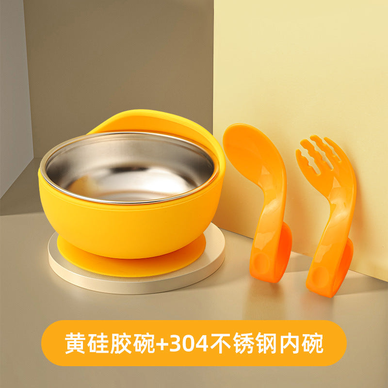 Stainless steel suction cup bowl baby special complementary food baby bowl independent eating silicone anti-drop and anti-scalding children learn to eat