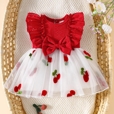 newborn infant sweet cherry princess dress - openwork embroidered top + cherry mesh tutu skirt