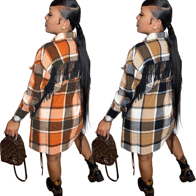 S390235 cross-border wholesale mid-length casualfashion classic plaid single-breasted tassel woolen coat women's clothing