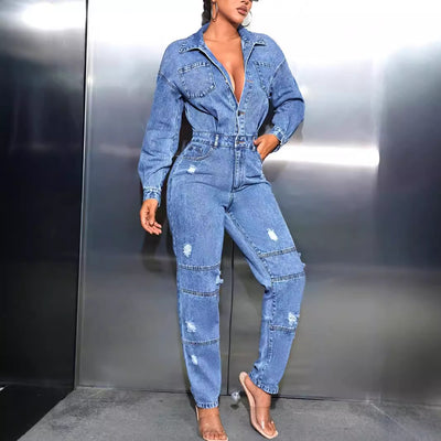 Pre-sale 15338 cross-border women's clothing inscasualsilm ripped long-sleeved denim jumpsuit denim pants