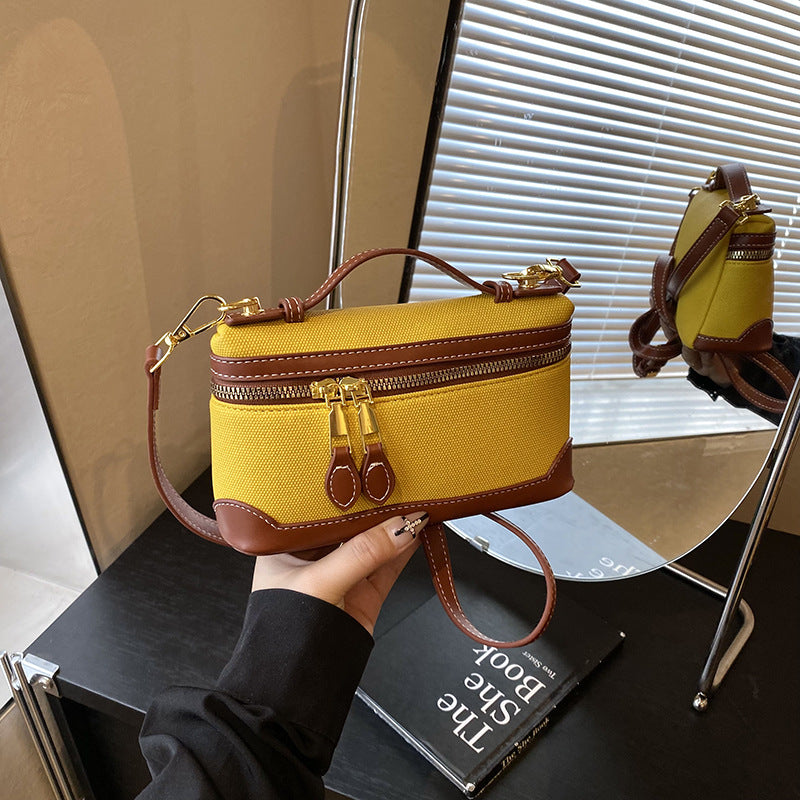 European and American retro fashion portable box small square bag women's 2024  new canvas contrasting color splicing messenger bag