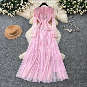 French chic long sleeve lace and mesh patchwork dress - high waist, slimming, elegant, and flowy maxi dress
