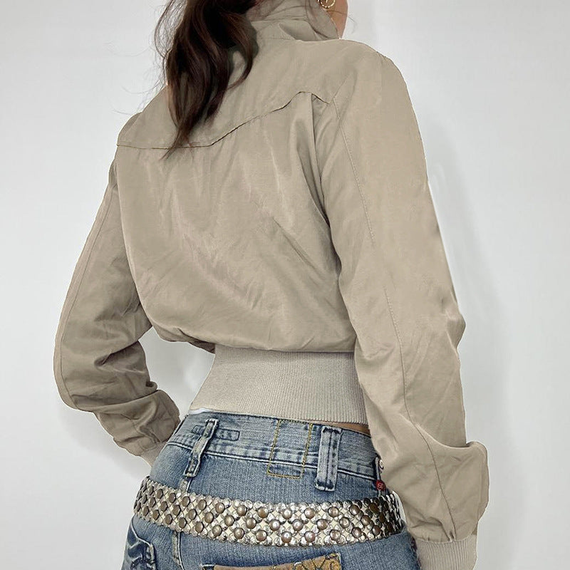 European and American  women's clothing retro jacket zipper turtleneck cardigan threaded waist long-sleeved jacket Spice girl woven top