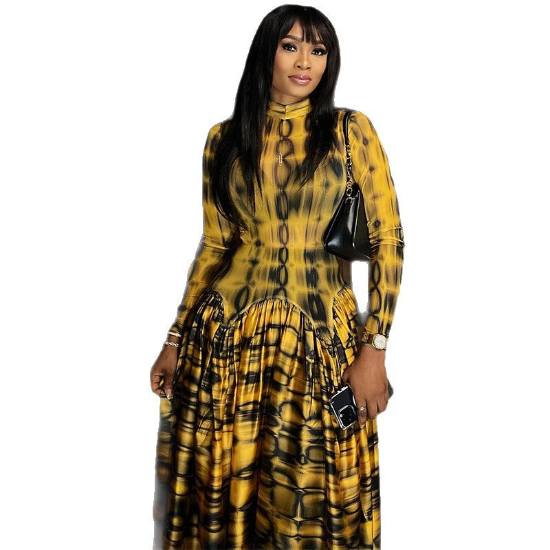 European and American  women's clothing 2025 autumn new fashion temperament semi-turtleneck long-sleeved waist printed long dress dress