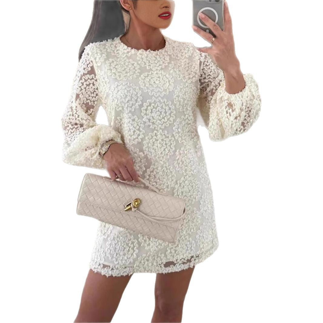 2025 European and American  new love attention lace textured fabric balloon sleeves loose mini dress