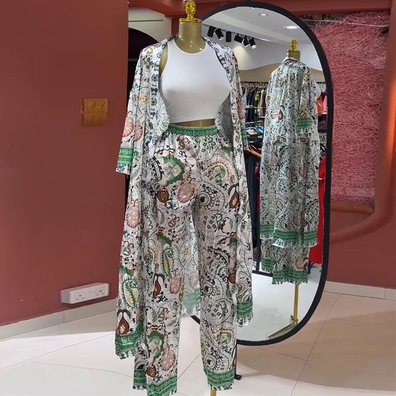 European and American  women's clothing 2025 summer new fashion thin printed long cardigan high waist trousers casual suit