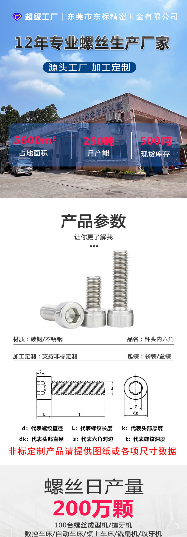 304 stainless steel hexagonal screw non-standard cylindrical head bolt fastener factory 316 hexagonal screw customization