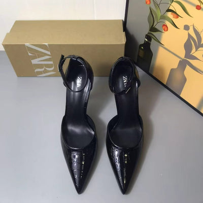 Za 2025 patent leather pointed-toe black high heels - women's stiletto heel cutout thong sandals - versatile professional style