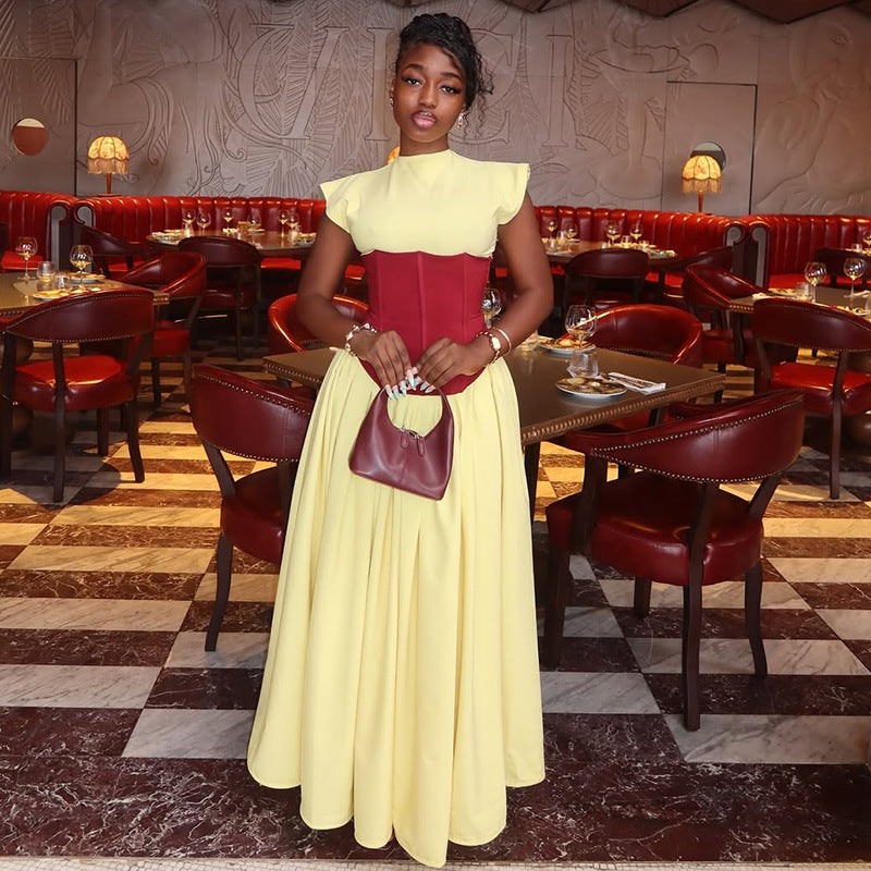 European and American  women's clothing 2025 autumn new temperament semi-turtleneck splicing waist dress medium and long dress