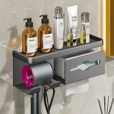Light luxury gray hair dryer rack, punch-free bathroom storage rack, hair dryer rack, wall-mounted rack, three-in-one hair dryer
