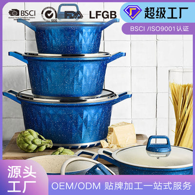 Customized die-cast six-piece diamond style medical stone non-stick aluminum pot soup pot frying pan for home kitchen utensils