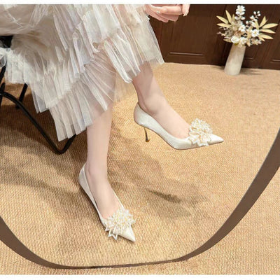 2025 new women's pointed-toe stiletto heel wedding shoes bridal shoes with floral embellishments for wedding dresses