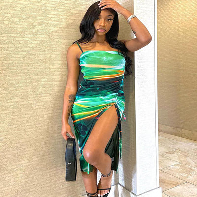 European and american cross-border women's clothing foreign trade street fashion sexy hot girl ruched slit tie-dye cami dress
