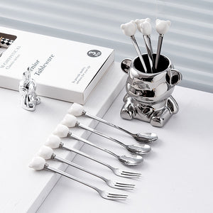 Wow ceramic bear stainless steel fruit fork suit high-looking fruit picks for homeaccessible luxury fork spoon fruit fork