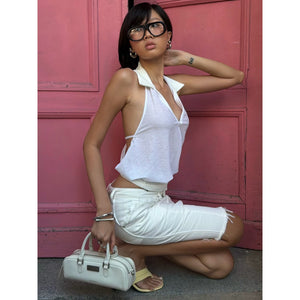 Amazon women's clothing summer new slim-fit solid color v-neck cutout halter crop top vest