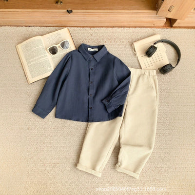 Kids' long-sleeve shirt set: navy blue turn-down collar shirt + straight-leg pants, boys' spring/autumn two-piece outfit