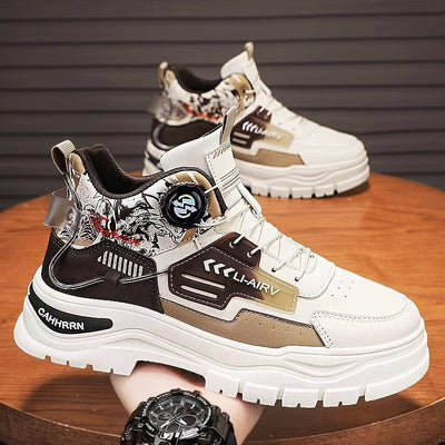 High-top men's shoes spring youth sports waterproofabrasion resistantnon-slipthick solecasualworkwearrotate button boots