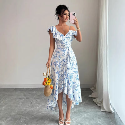 & independent store hot-selling printed ruffle-trimmed short-sleeve dress