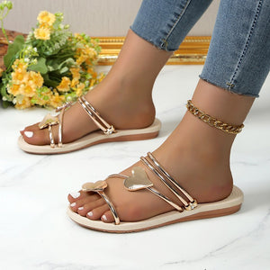 Plus size women's summer slippers & sandals - heart buckle flat sandals, slip-on strappy beach slides