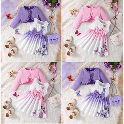 cross-border new arrivals: spring/autumn shawl dress, toddler colorful suspender dress + solid color jacket, elegant baby two-piece set