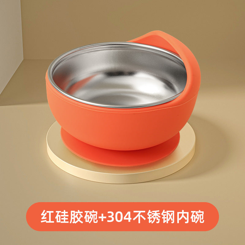 Stainless steel suction cup bowl baby special complementary food baby bowl independent eating silicone anti-drop and anti-scalding children learn to eat