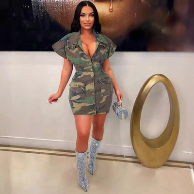 Amazon cross-border wholesale: european & american style sexy camo bodycon dress with oversized collar