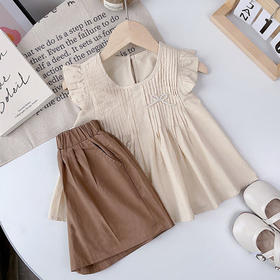 Summernew arrivalk-style western stylecute pleated tops shorts girlsuittwo-piece setbows japanese and korean children's clothing