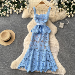 French lace camisole dress - women's cinched waist a-line midi dress - elegant summer new collection - formal dress