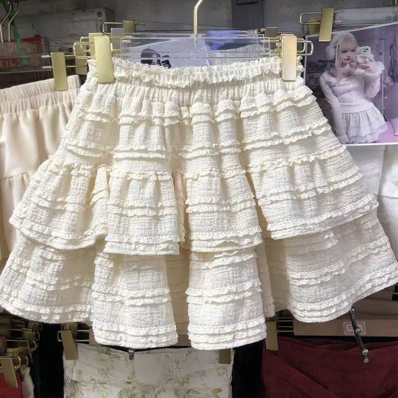 2025 summer large size fat mm ballet fluffy short skirt women's high waist design sense lace lace cake skirt