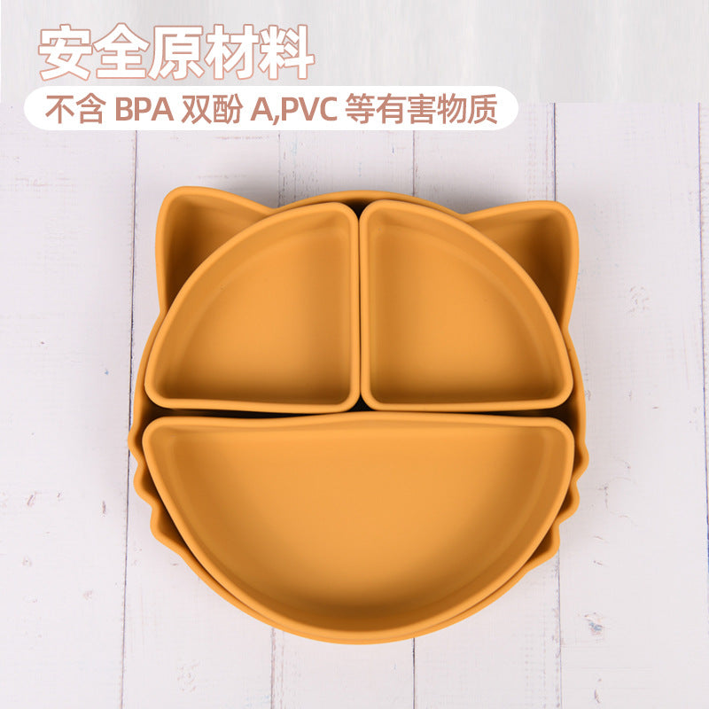 Customized solid color cartoon cat shape children's dinner plate baby complementary feeding silicone dinner plate with suction cup tableware set
