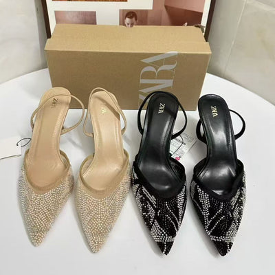 Za2025summer new rhinestone bright mesh high heels stiletto eleganceelegant women's shoes open heel pointed toe sandals