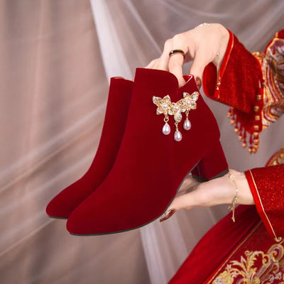 Winter wedding shoes women's burgundy chinoiserie xiuhe wedding dress two wear pearl thick heel bridal shoes fashionbows single boots