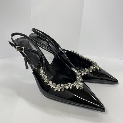 Wo chain rhinestone high heels women's stiletto pointed toe elegantfrenchflats one-piece patent leather toe sandals banquet