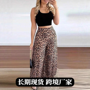 Women's hot-selling spring item: early spring new leopard print wide-leg pants, european and american style loose high-waisted satin wide-leg trousers