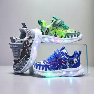 Cool boy new led light-up shoes for ages 1-6, luminous leather t-rex casual sneakers