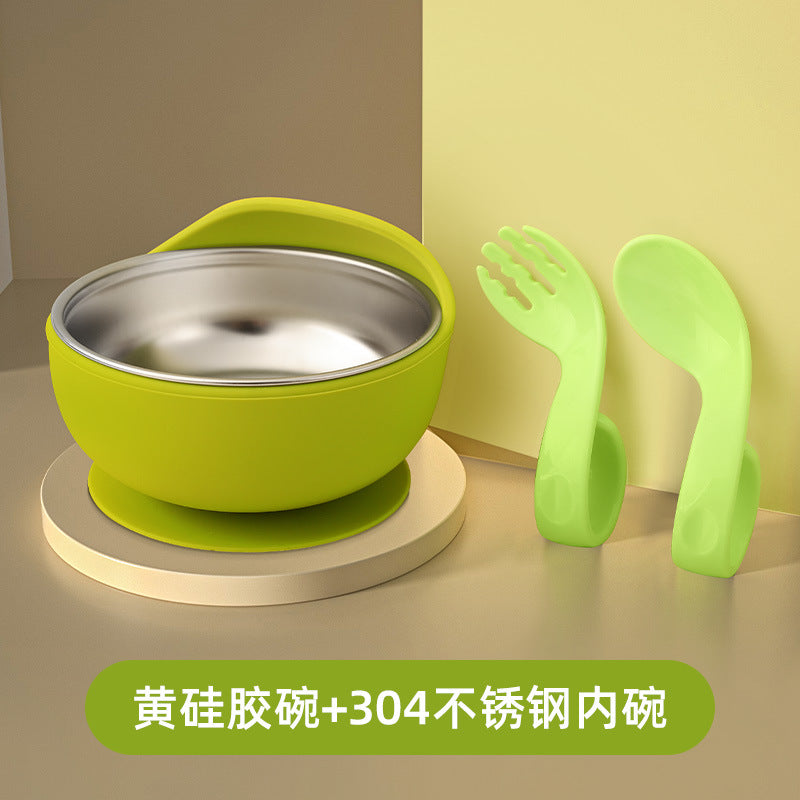 Stainless steel suction cup bowl baby special complementary food baby bowl independent eating silicone anti-drop and anti-scalding children learn to eat