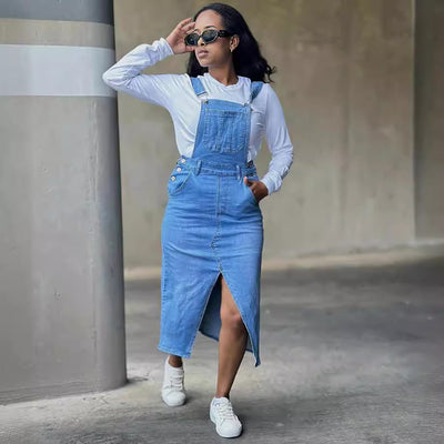 European and american style straight-leg overalls dress - cross-border women's fashion streetwear - large pocket slit denim skirt
