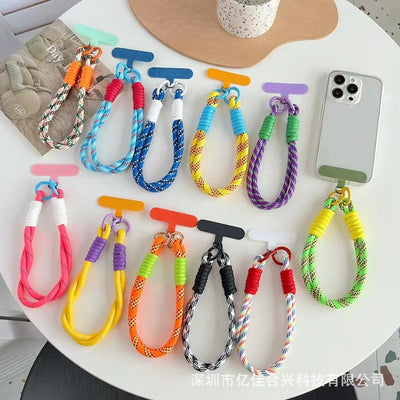Portable short polka dot nylon phone lanyard wrist strap color block anti-lost cord handmade braided phone case lanyard