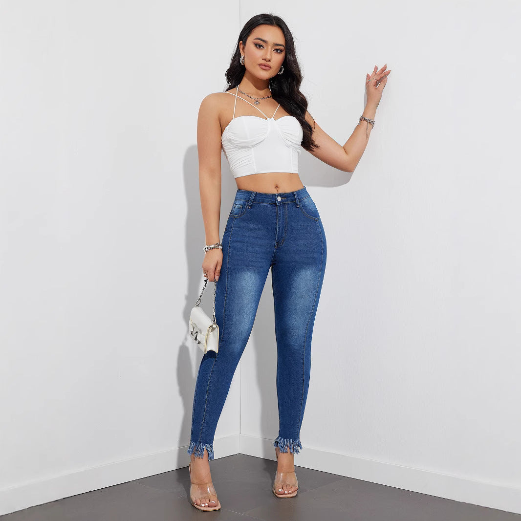 Spring 2025 new high-elastic thin jeans, elastic pants, pencil pants, high-waisted trousers, hip-wrapped and leg-long.
