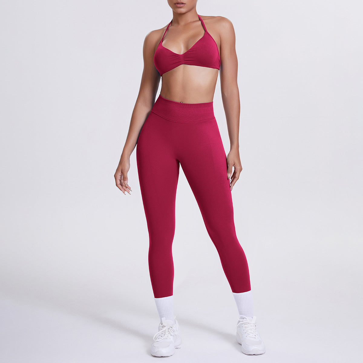 Spot solid color yoga clothes high waist peach hip sports trousers suspenders beautiful back neck bra fitness yoga set
