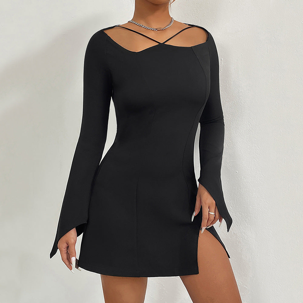 European and American  women's clothing sexy style V-neck long-sleeved dress autumn new hollow pullover solid color one-step short skirt
