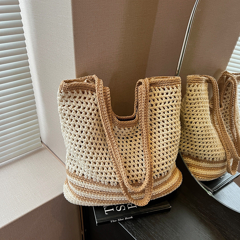 Cross-border commuting large-capacity hollow woven bag women's 2025 new versatile shoulder bag casual knitted tote bag