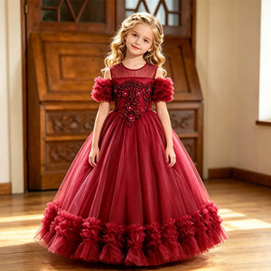 girls' red high-end formal dress, little girl's dress, holiday performance costume, kids' stylish puffy tutu skirt