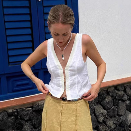 European and American fashion V-neck white vest women's 2025 summer  temperament bamboo cotton lace cardigan top women's clothing