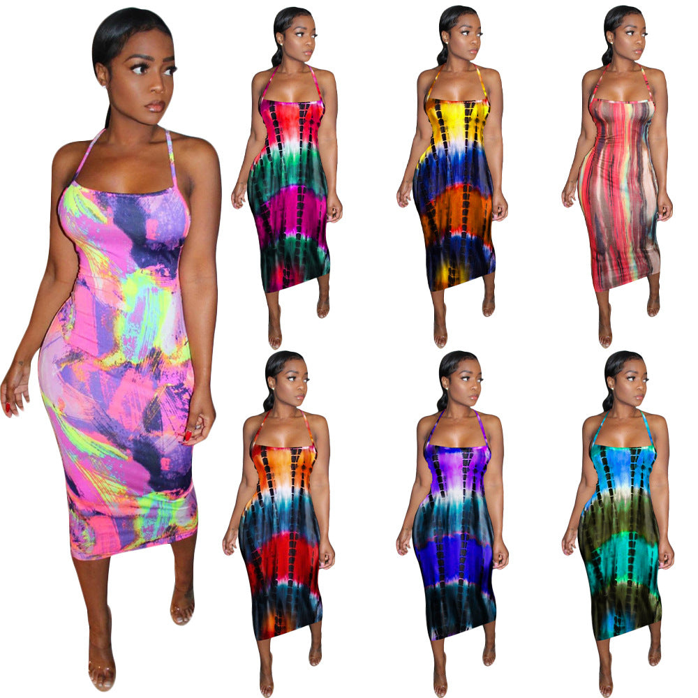 SS3744 Cross-border European and American women's clothing hollow sexy suspender graffiti printing dress fashion temperament step skirt women