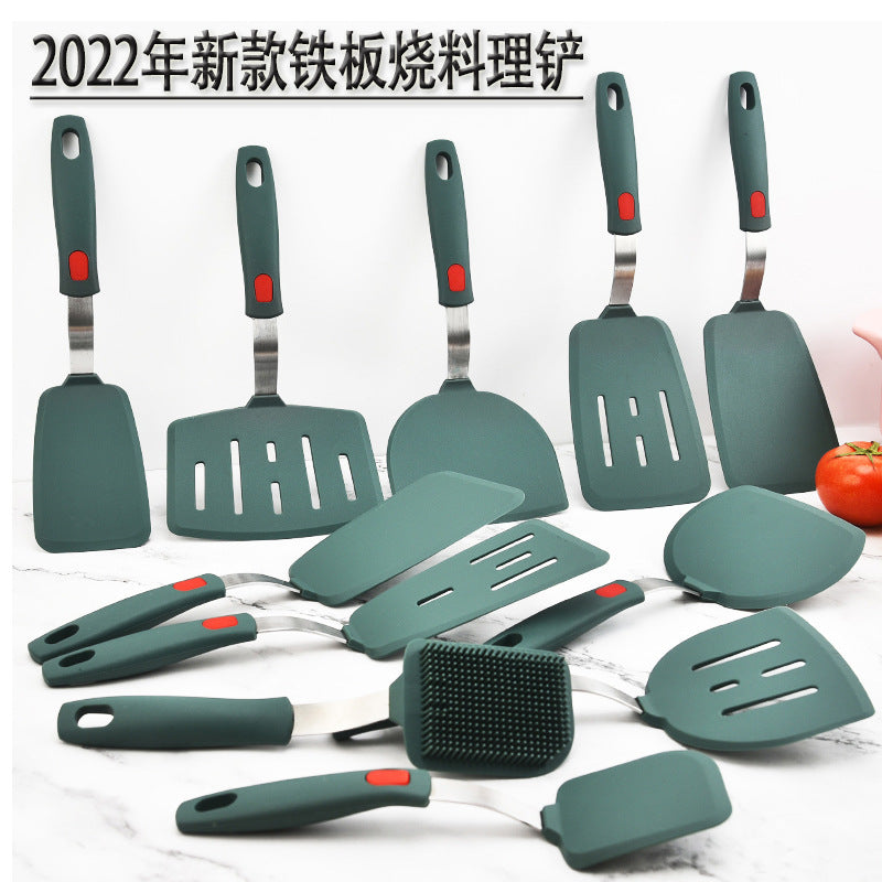 Dark green silicone kitchenware stainless steel handle frying spatula leak spatula kitchen utensils cooking spatula silicone frying pan spatula