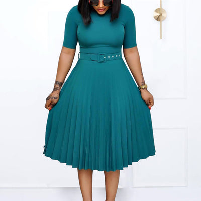 Q114 european and american women's clothing summer new fashion round neck short sleeve solid color pleated elegant plus size african dress