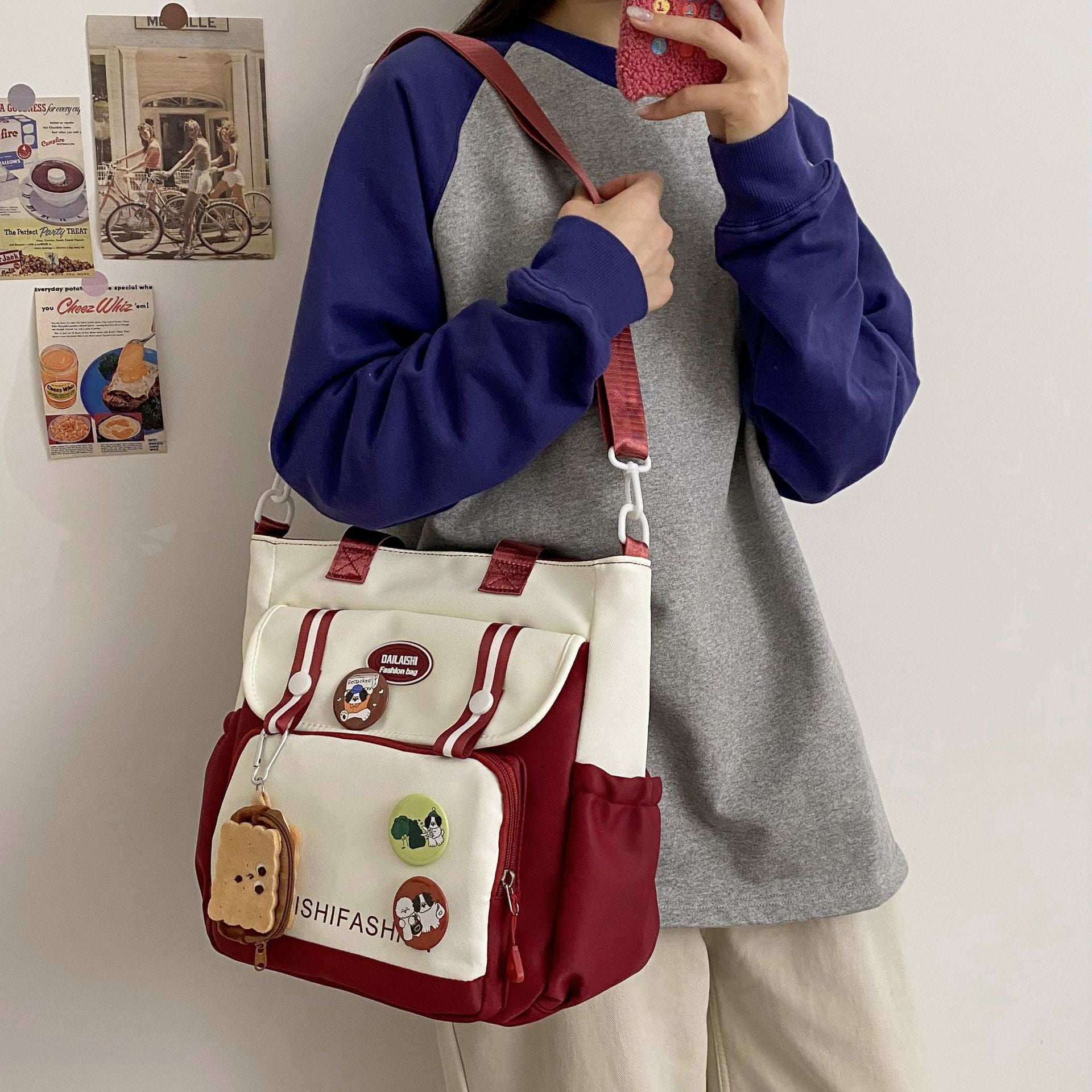 New large-capacity contrasting color handbag female cute girl shoulder messenger bag college student class tutoring bag